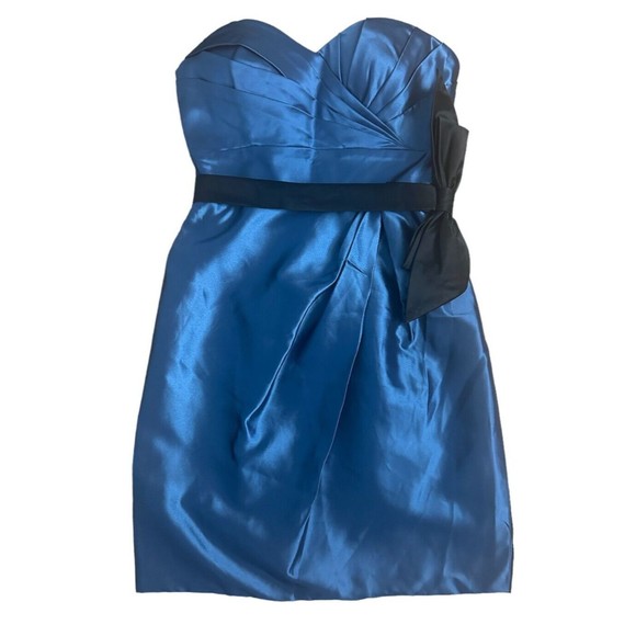 Blue Satin Cocktail Dress Bow Belt Gathered Bustier Strapless Bra Insert Size 8 - Picture 1 of 11